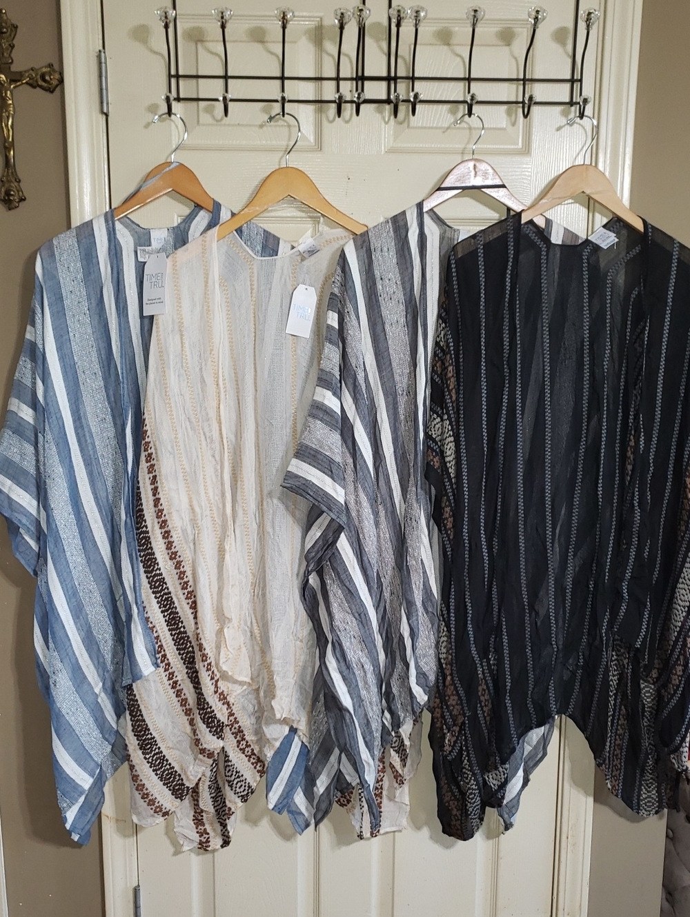 Bundle Four Boho Striped Sheer Kimono Cover-Up Kimono Shawl Black Blue Gray Tan
